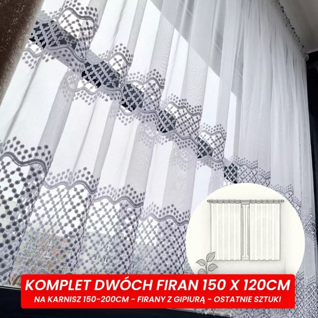 Firany Krótkie Komplet - Firany gotowe dwie sztuki 150 x 120 na karnisz 150-200 cm